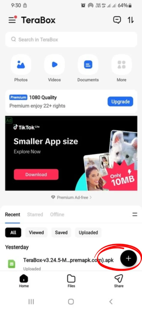 Upload files on Terabox using mobile app 1