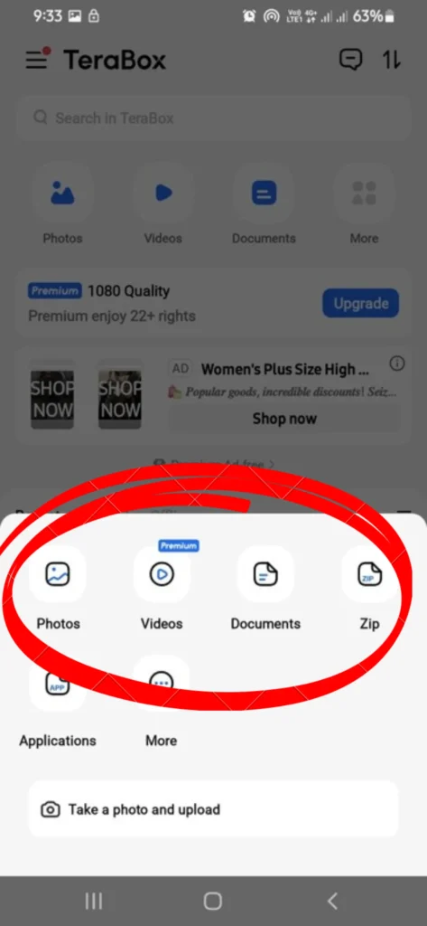Upload files on Terabox using mobile app 2