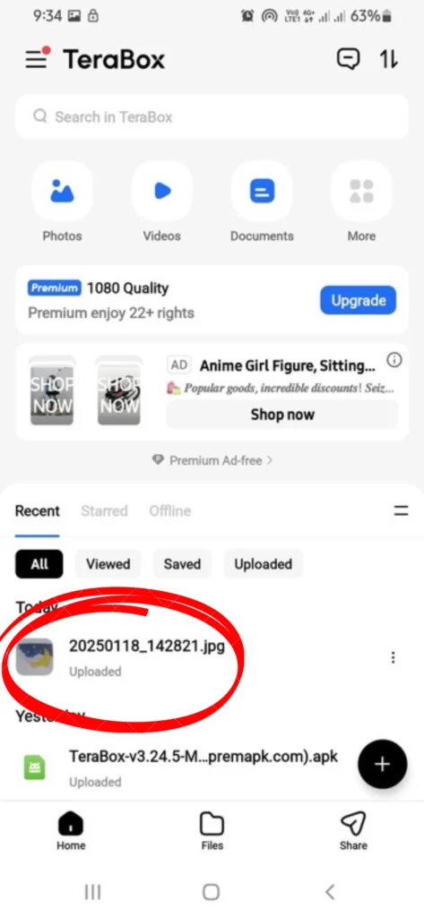 Upload files on Terabox using mobile app 4